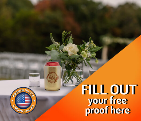 Custom metallic neoprene can koozie with a sophisticated wedding-themed design
