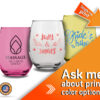 Custom stemless wine glass with a beautiful wedding design, personalized for the bride