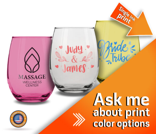 Custom stemless wine glass with a beautiful wedding design, personalized for the bride