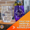 Personalized stemless wine glass with a romantic wedding motif, including floral elements and monograms