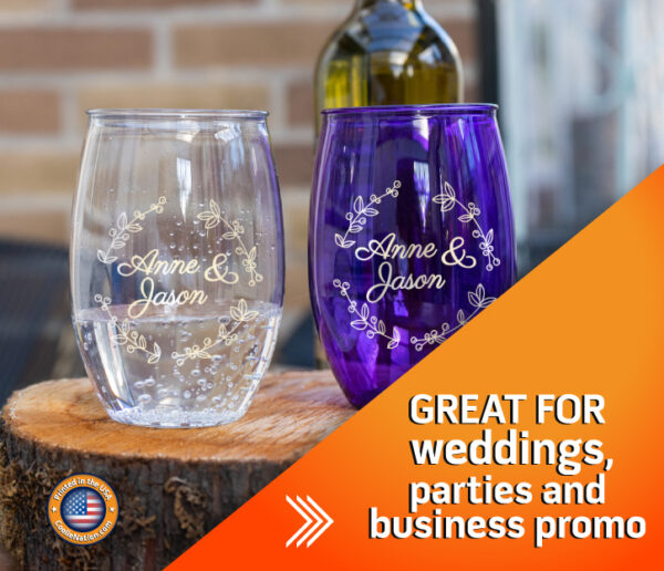 Personalized stemless wine glass with a romantic wedding motif, including floral elements and monograms