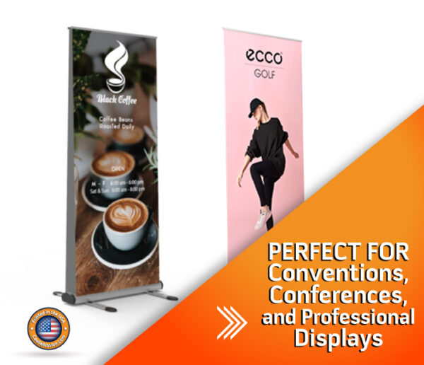 Retractable banner with custom branding for a corporate presentation