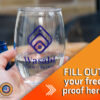 Custom stemless wine glass featuring a professional business logo and company name