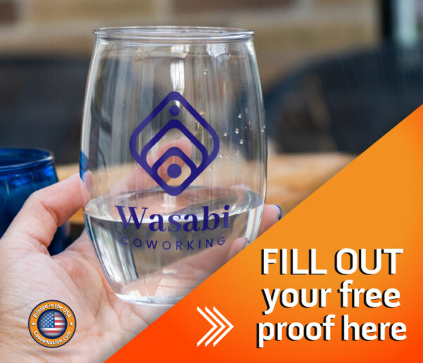 Custom stemless wine glass featuring a professional business logo and company name