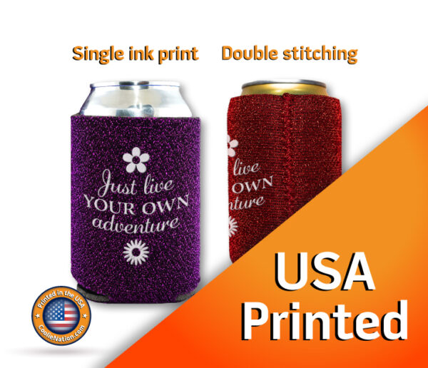 Glitter can koozie with custom text and graphics for a festive touch