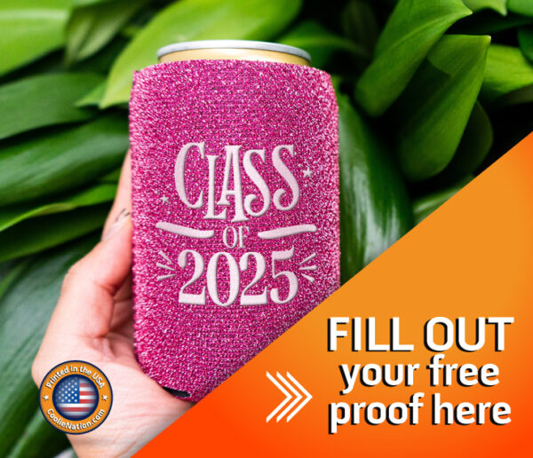 Glitter can koozie with custom design for graduation events