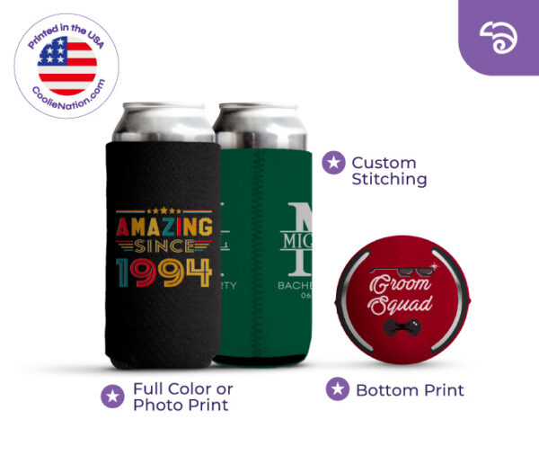 Custom 24 oz tall can koozies with full color print, custom stitching, and bottom print options from CoolieNation.