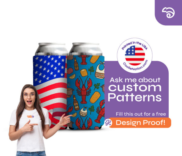 24 oz tall can koozies with custom patterns including American flag and food print designs, personalized by CoolieNation.