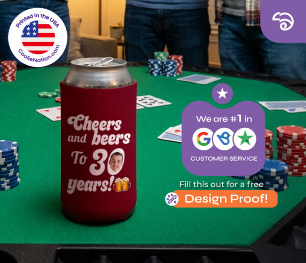 Personalized 24 oz tall can koozie with photo and birthday design on poker table, custom printed by CoolieNation.