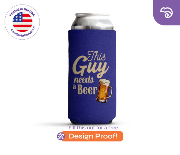 Custom 24 oz tall can koozie with funny beer design, durable neoprene and personalized printing from CoolieNation.