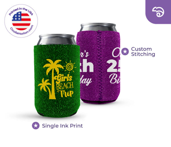 Custom glitter koozie for cans with single ink print and custom stitching