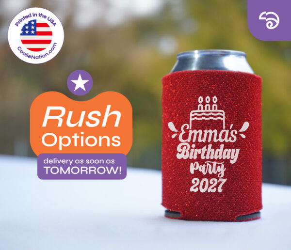 Red custom glitter koozie personalized for birthday party with white printed design and rush delivery option available