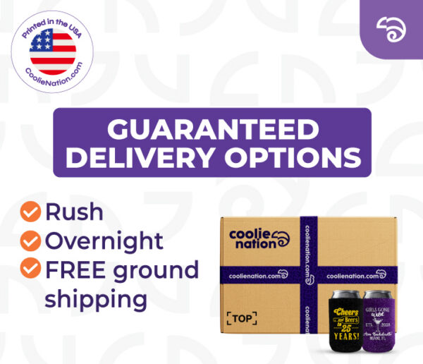 custom glitter koozies with guaranteed delivery options including rush and overnight shipping, packaged by CoolieNation