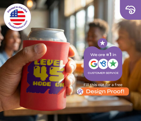 Custom printed hard foam koozie held in hand at bar setting, highlighting customer service from CoolieNation.