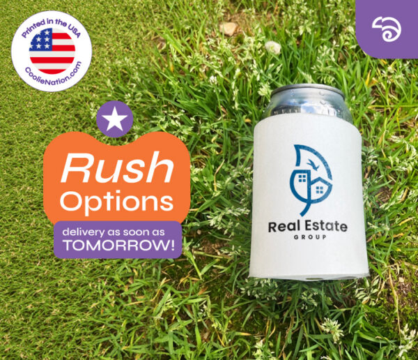 White custom hard foam koozie with real estate logo on grass, featuring rush delivery options from CoolieNation.