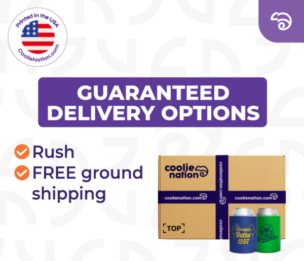 CoolieNation guaranteed delivery options with custom hard foam koozies and branded shipping box, including rush and free ground shipping.
