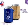Blue and gold personalized anniversary can coolers with single ink print on metallic neoprene material from CoolieNation.