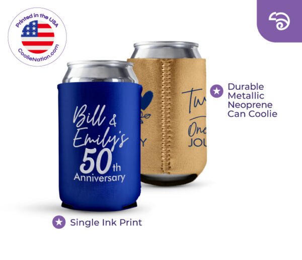 Blue and gold personalized anniversary can coolers with single ink print on metallic neoprene material from CoolieNation.