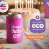 Pink personalized can cooler “Straight Outta 1997” for birthday party with cake in background, custom design from CoolieNation.