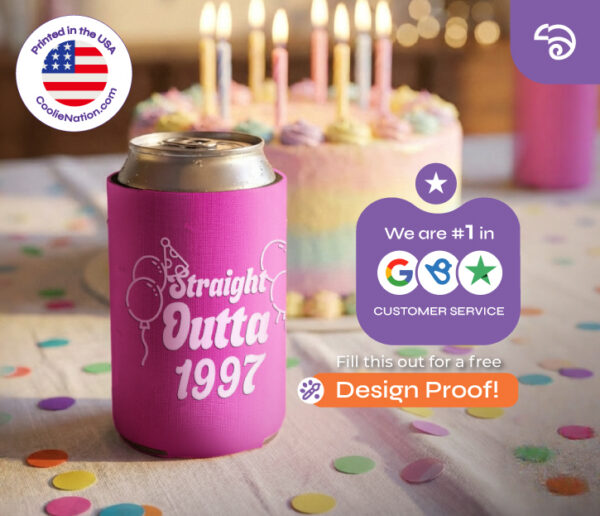 Pink personalized can cooler “Straight Outta 1997” for birthday party with cake in background, custom design from CoolieNation.