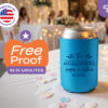 Blue personalized wedding can cooler with couple names and date on a decorated reception table, featuring rush delivery options from CoolieNation.