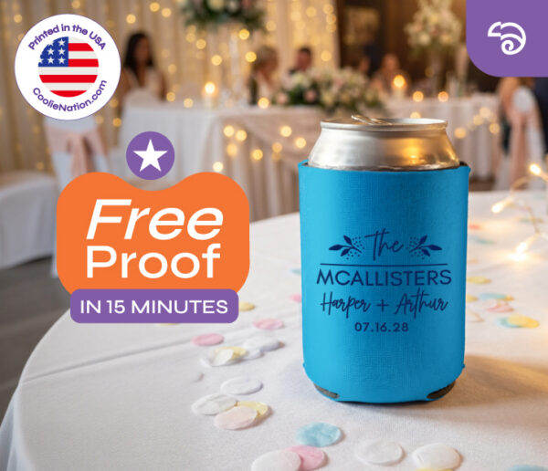 Blue personalized wedding can cooler with couple names and date on a decorated reception table, featuring rush delivery options from CoolieNation.