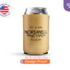 Gold metallic personalized can cooler with “Mr. & Mrs.” and wedding date, elegant custom design by CoolieNation.