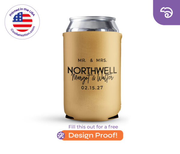 Gold metallic personalized can cooler with “Mr. & Mrs.” and wedding date, elegant custom design by CoolieNation.