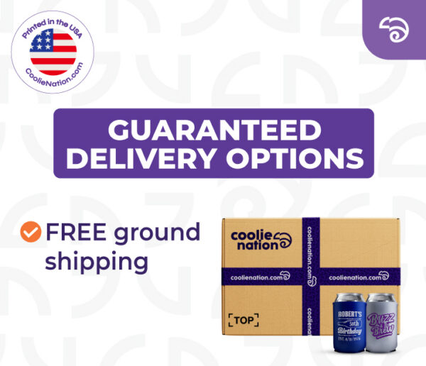 CoolieNation shipping options with branded box and custom can coolers, including rush, overnight, and free ground shipping.