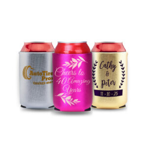 Customized metallic neoprene can koozie with anniversary, business logo, and wedding design