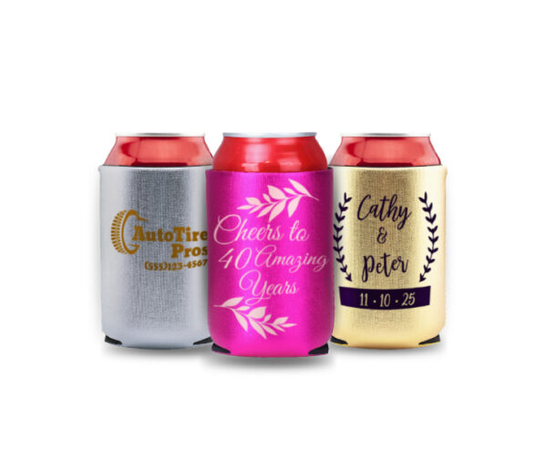 Customized metallic neoprene can koozie with anniversary, business logo, and wedding design