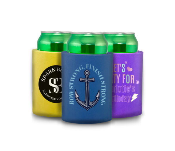 Custom hard foam can koozies with colorful multi-ink graphics and patterns