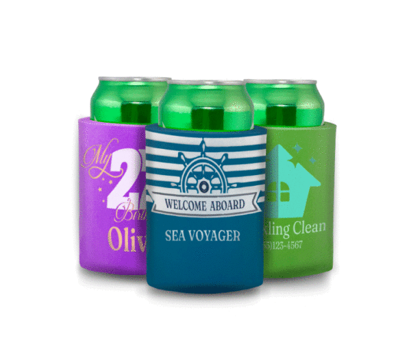Custom hard foam can koozies with vibrant multi-ink designs for birthdays, boats, and real estate