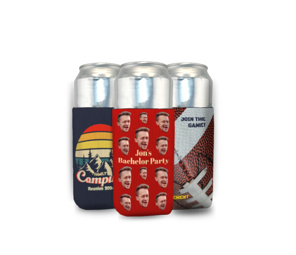 Custom 24oz neoprene can koozie with a playful bachelor party design
