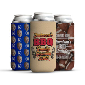 Custom 24oz neoprene can koozie with a playful bachelor party design