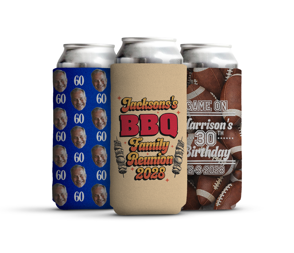 Custom 24oz neoprene can koozie with a playful bachelor party design