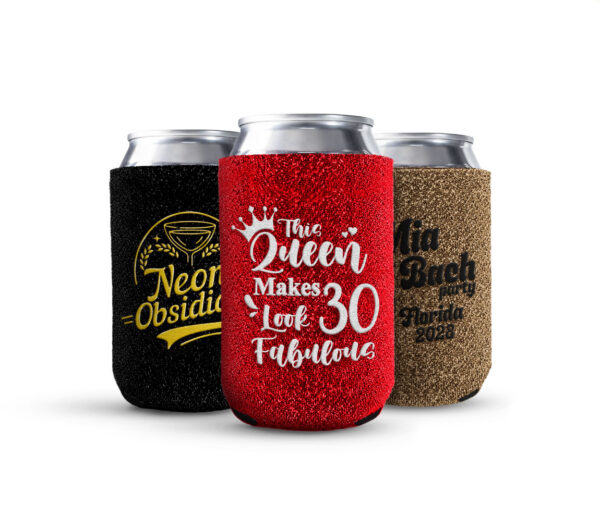 Sparkling custom glitter can koozie with personalized text