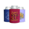 Custom hard foam can koozies with vibrant multi-ink designs for birthdays, boats, and real estate