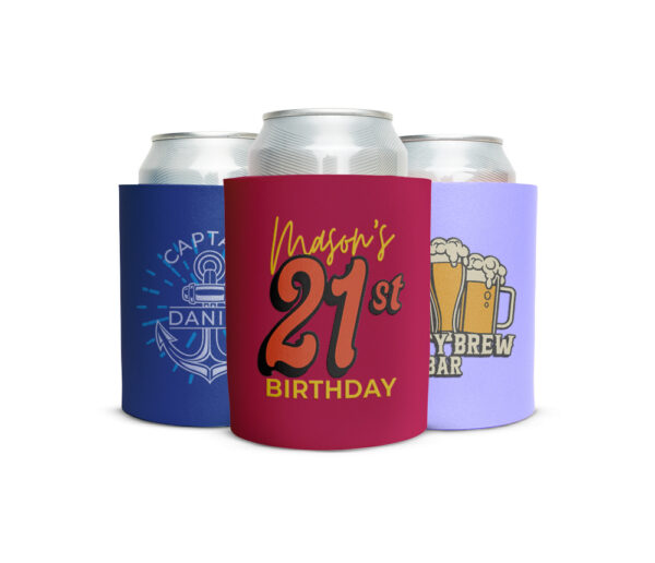 Custom hard foam can koozies with vibrant multi-ink designs for birthdays, boats, and real estate