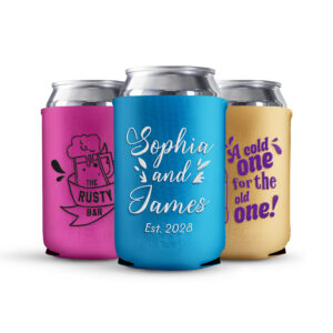 Customized metallic neoprene can koozie with anniversary, business logo, and wedding design