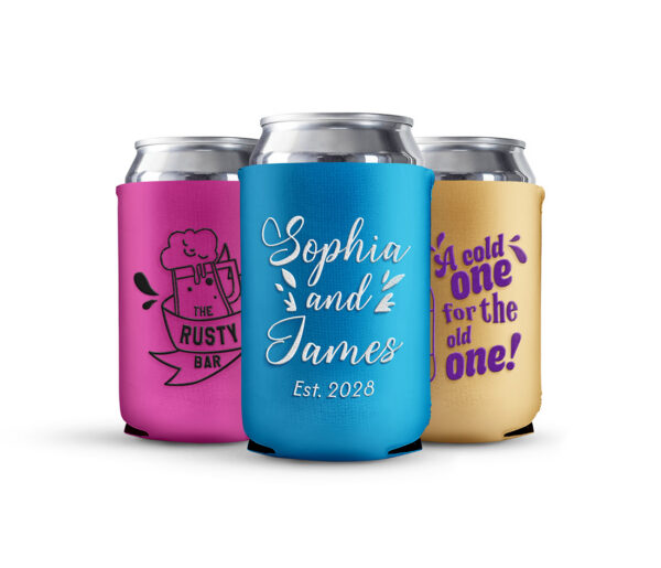Customized metallic neoprene can koozie with anniversary, business logo, and wedding design