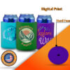 Personalized hard foam koozie with a colorful multi-ink design