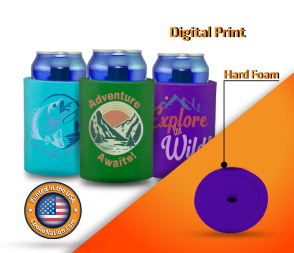 Personalized hard foam koozie with a colorful multi-ink design