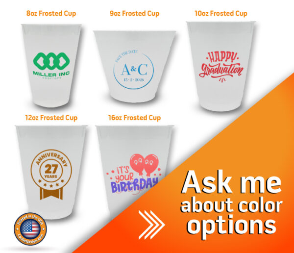 Different sizes of personalized stadium cups ready for events