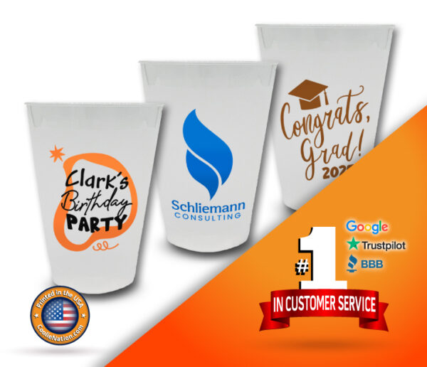 Three customized stadium cups featuring graduation, birthday, and business designs.
