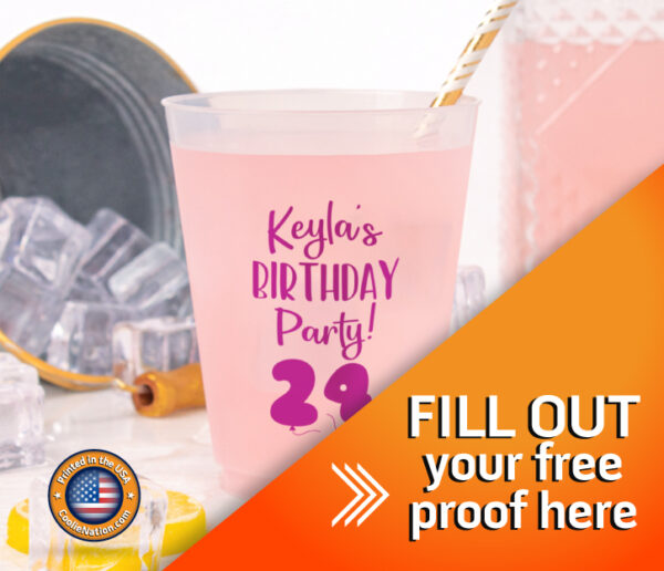 Personalized stadium cups with birthday designs, great for party favors