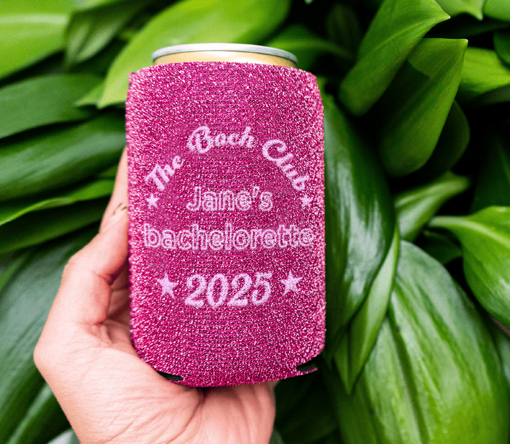 Glitter custom koozies designed for a bachelorette party