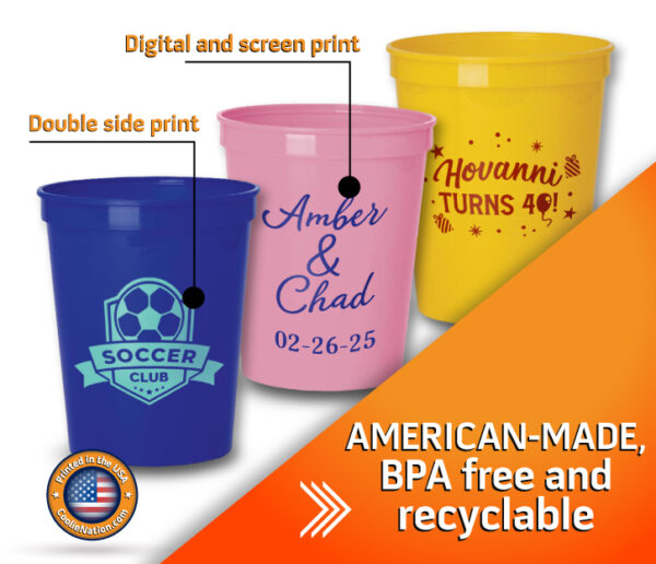 Three colorful stadium cups personalized with unique designs using digital and screen printing techniques.