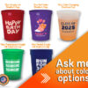 16oz personalized stadium cups with a variety of colorful designs for events.