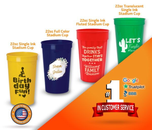 Set of 22oz stadium cups customized in multiple bright colors for events.